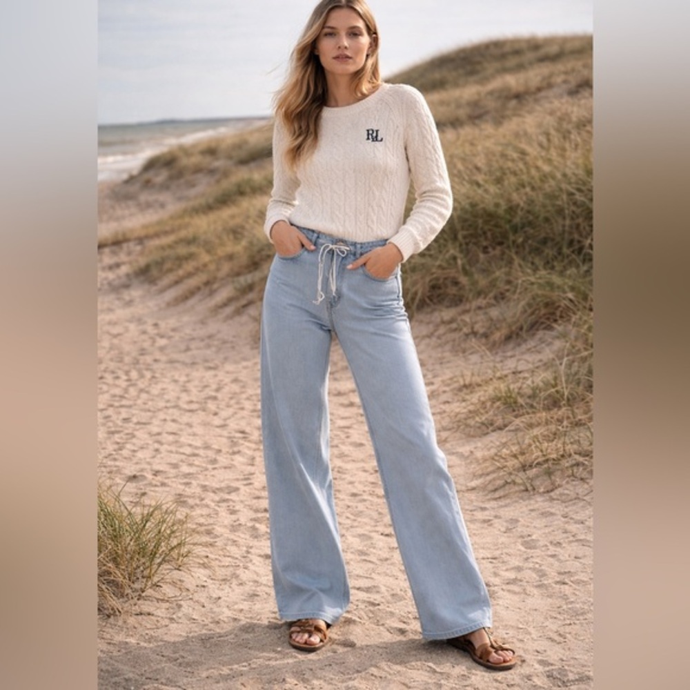 Flamingals drawstring stretchy wide leg denim jeans woman’s size S FL6-19